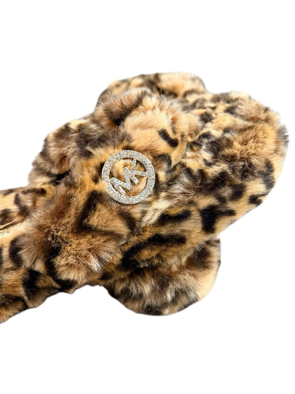 Michael Kors Leopard Faux Fur Slippers Rhinestone MK Logo Size 8M - Picture 3 of 10